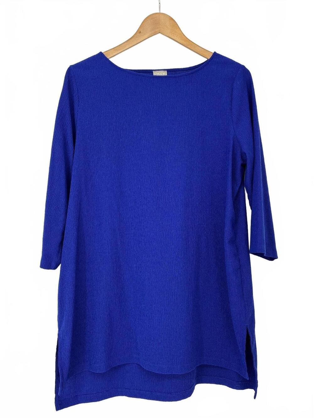 Chico's Travelers Rotal Blue Textured Tunic Top 3/4 Sleeve Women's Size 12/14